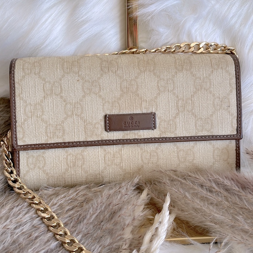 Gucci Beige Canvas Wallet Crossbody with Brown Trim and Gold Chain